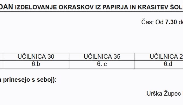 TEHNIŠKI DAN IZDELOVANJE OKRASKOV IZ PAPIRJA IN KRASITEV ŠOLE, 6 razred